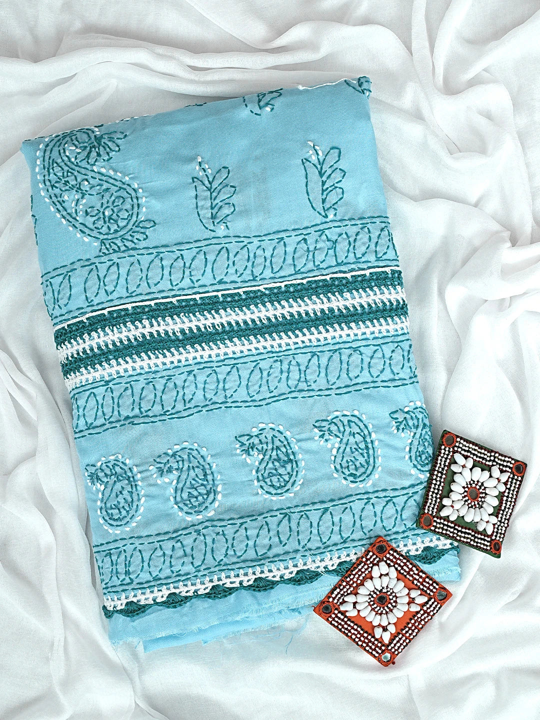 Ada Hand Embroidered Blue Cotton Lucknowi Chikankari Unstitched Suit Piece 01A919774