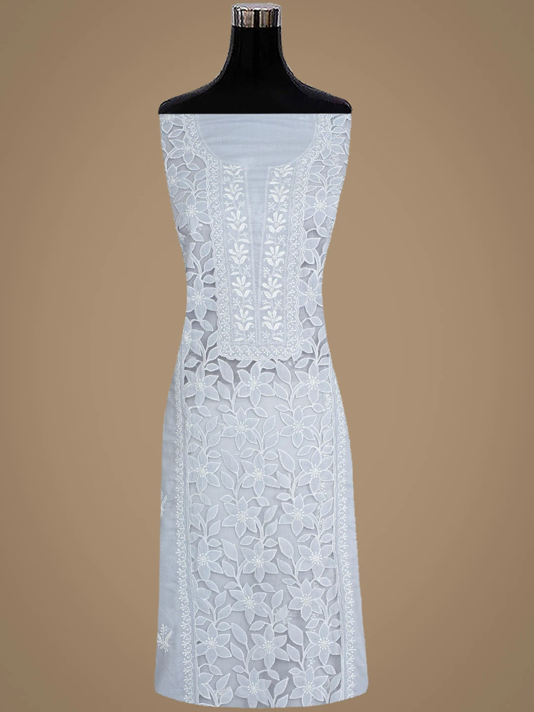 Ada Hand Embroidered Light Grey Cotton And Net Lucknowi Chikankari Semi-Stitched Kurta Dupatta Set 01A862900