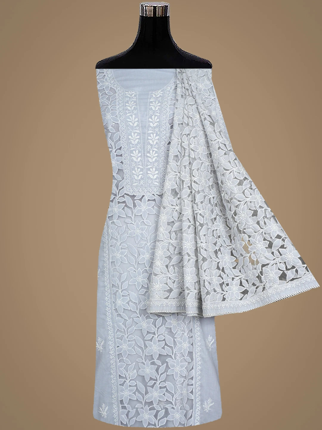 Ada Hand Embroidered Light Grey Cotton And Net Lucknowi Chikankari Semi-Stitched Kurta Dupatta Set 01A862900