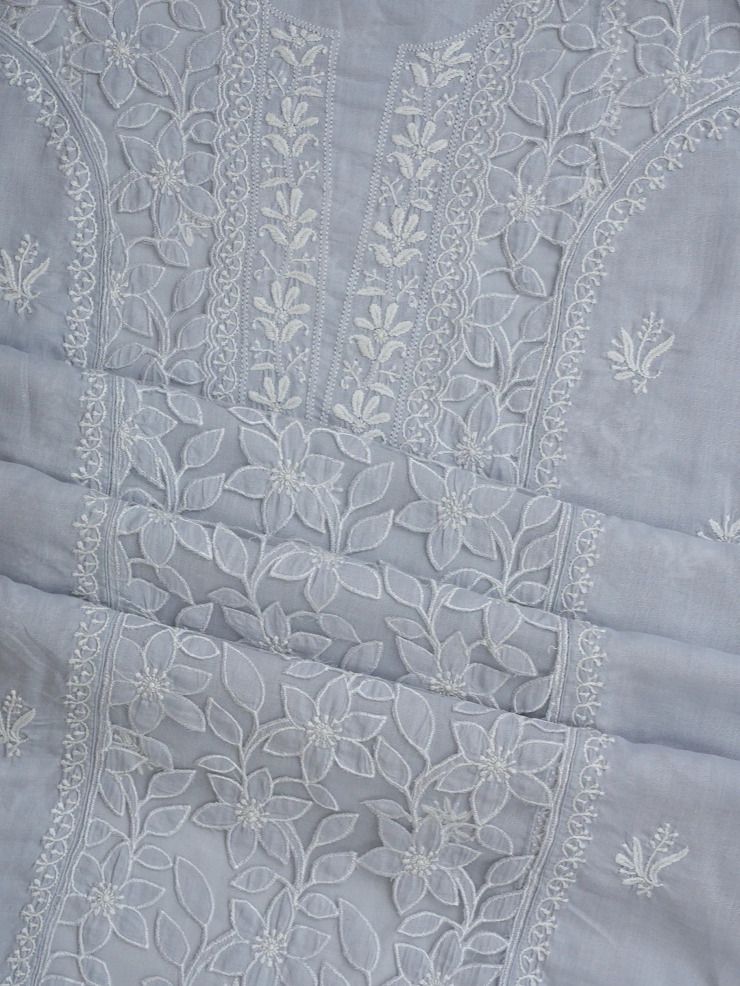 Ada Hand Embroidered Light Grey Cotton And Net Lucknowi Chikankari Semi-Stitched Kurta Dupatta Set 01A862900