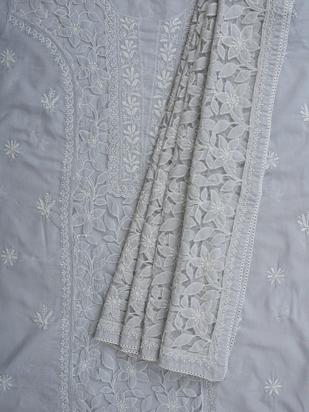 Ada Hand Embroidered Light Grey Cotton And Net Lucknowi Chikankari Semi-Stitched Kurta Dupatta Set 01A862900