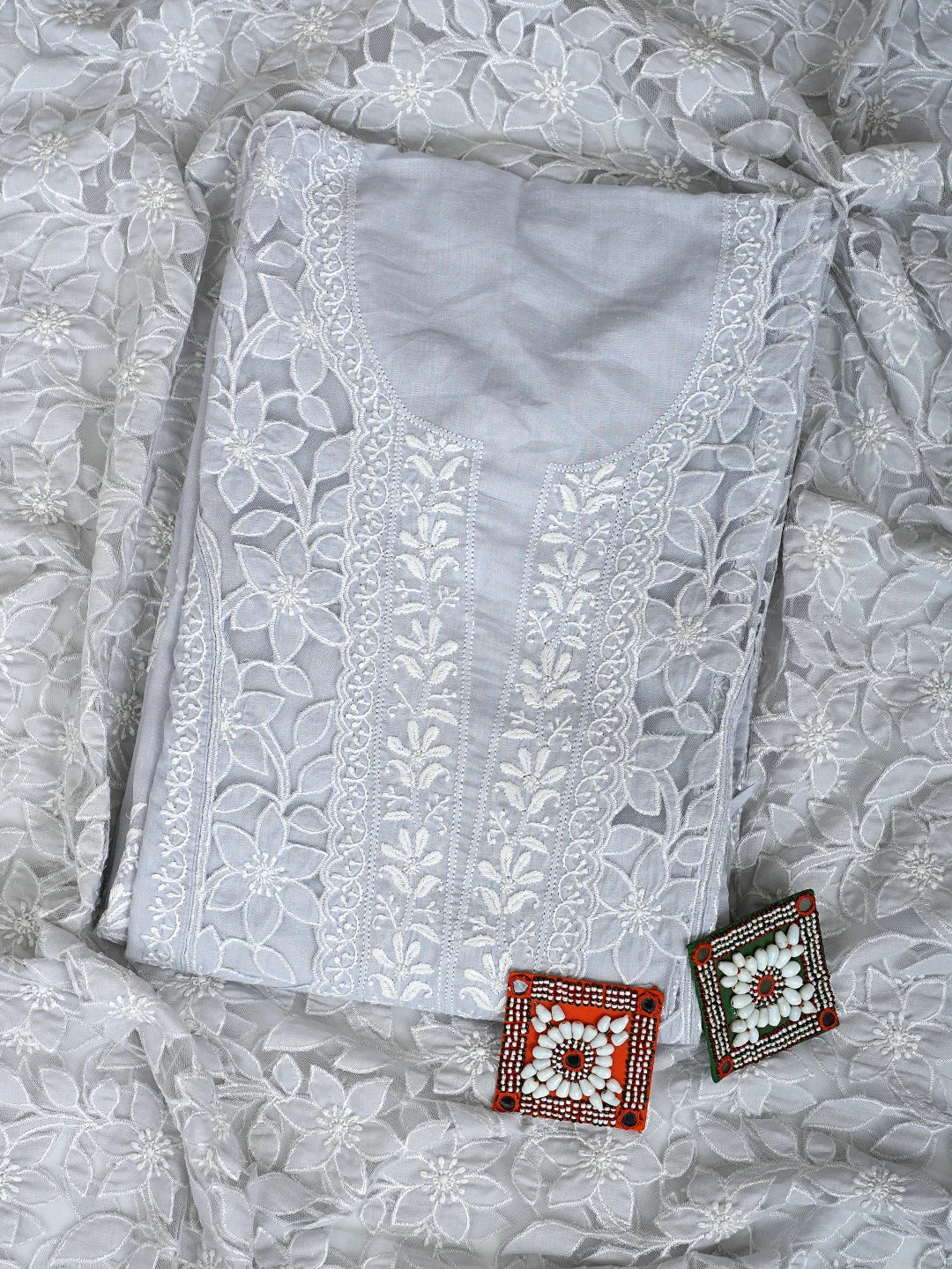 Ada Hand Embroidered Light Grey Cotton And Net Lucknowi Chikankari Semi-Stitched Kurta Dupatta Set 01A862900