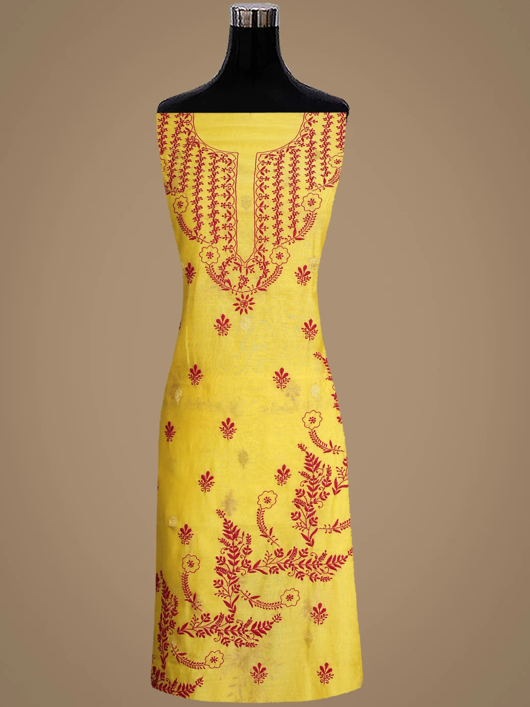 Ada Hand Embroidered Yellow Chanderi Lucknowi Chikankari Unstitched Kurta Dupatta Set 01A904289