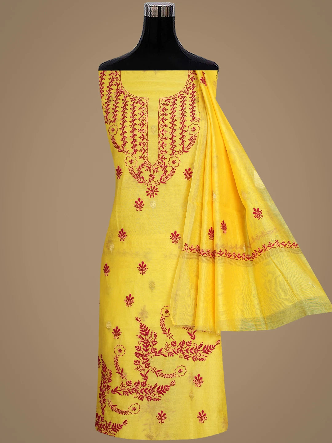 Ada Hand Embroidered Yellow Chanderi Lucknowi Chikankari Unstitched Kurta Dupatta Set 01A904289