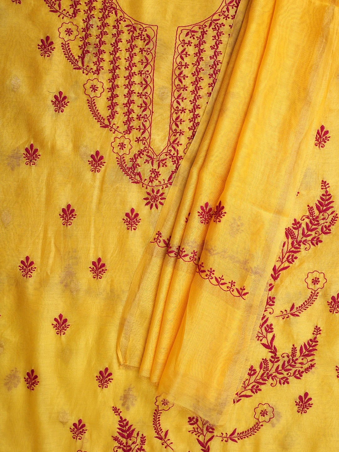 Ada Hand Embroidered Yellow Chanderi Lucknowi Chikankari Unstitched Kurta Dupatta Set 01A904289