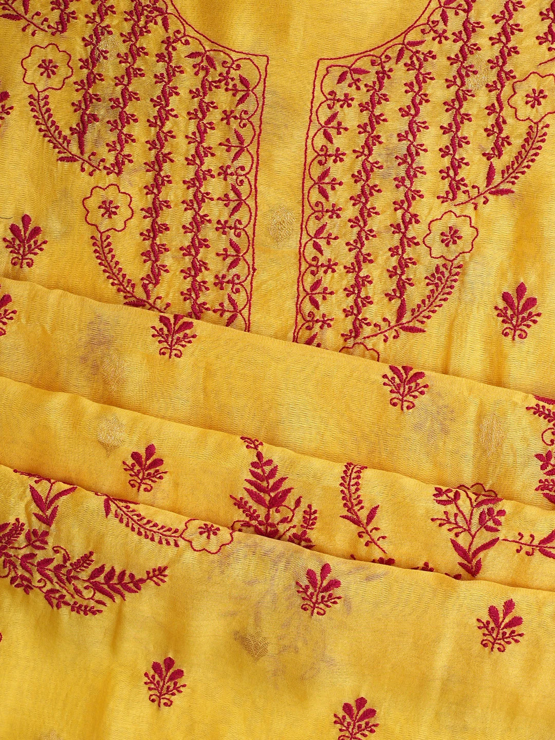 Ada Hand Embroidered Yellow Chanderi Lucknowi Chikankari Unstitched Kurta Dupatta Set 01A904289