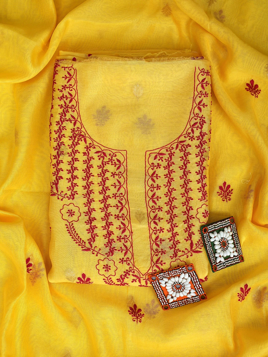 Ada Hand Embroidered Yellow Chanderi Lucknowi Chikankari Unstitched Kurta Dupatta Set 01A904289