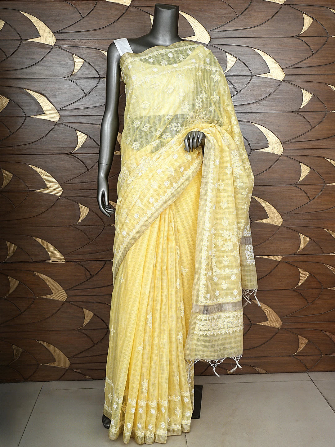 Ada Hand Embroidered Light Yellow Chanderi Lucknowi Chikankari Saree With Blouse 01A879439