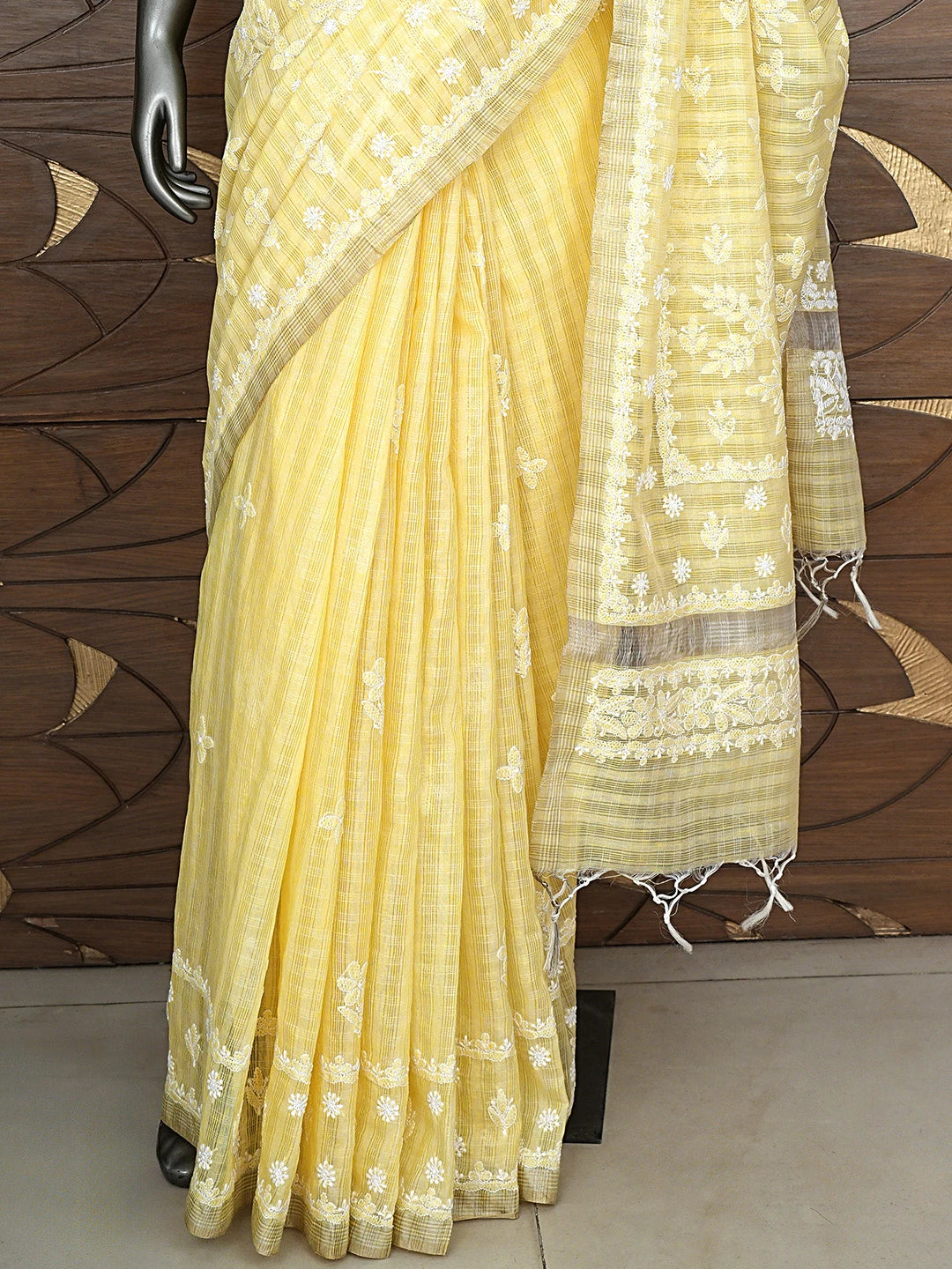 Ada Hand Embroidered Light Yellow Chanderi Lucknowi Chikankari Saree With Blouse 01A879439