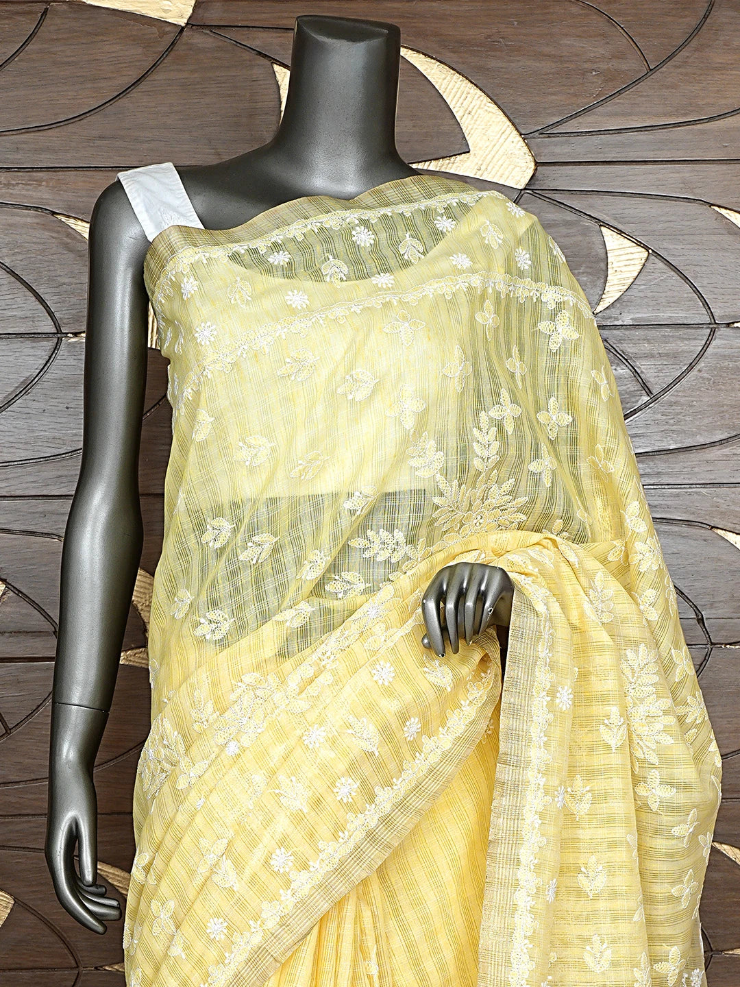 Ada Hand Embroidered Light Yellow Chanderi Lucknowi Chikankari Saree With Blouse 01A879439