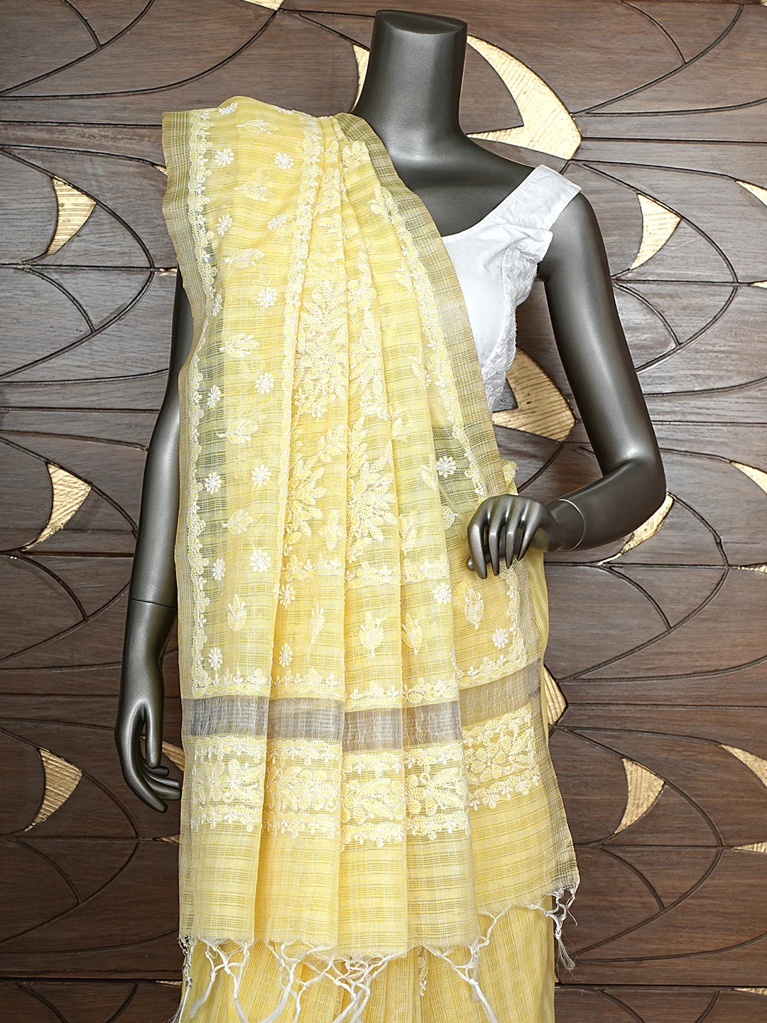 Ada Hand Embroidered Light Yellow Chanderi Lucknowi Chikankari Saree With Blouse 01A879439