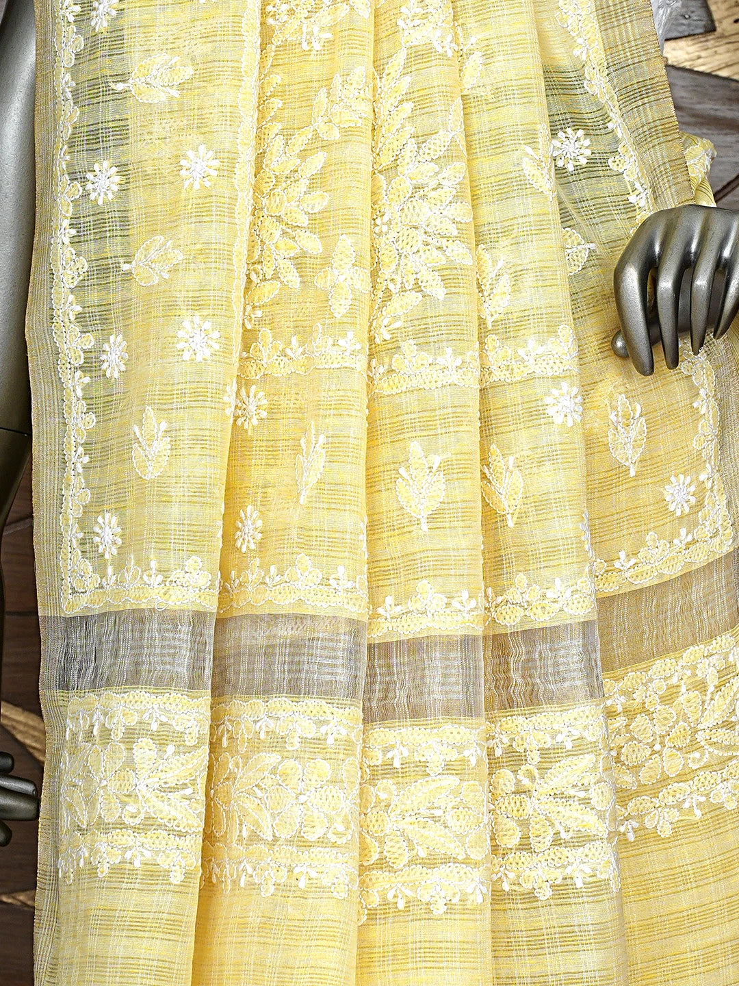 Ada Hand Embroidered Light Yellow Chanderi Lucknowi Chikankari Saree With Blouse 01A879439