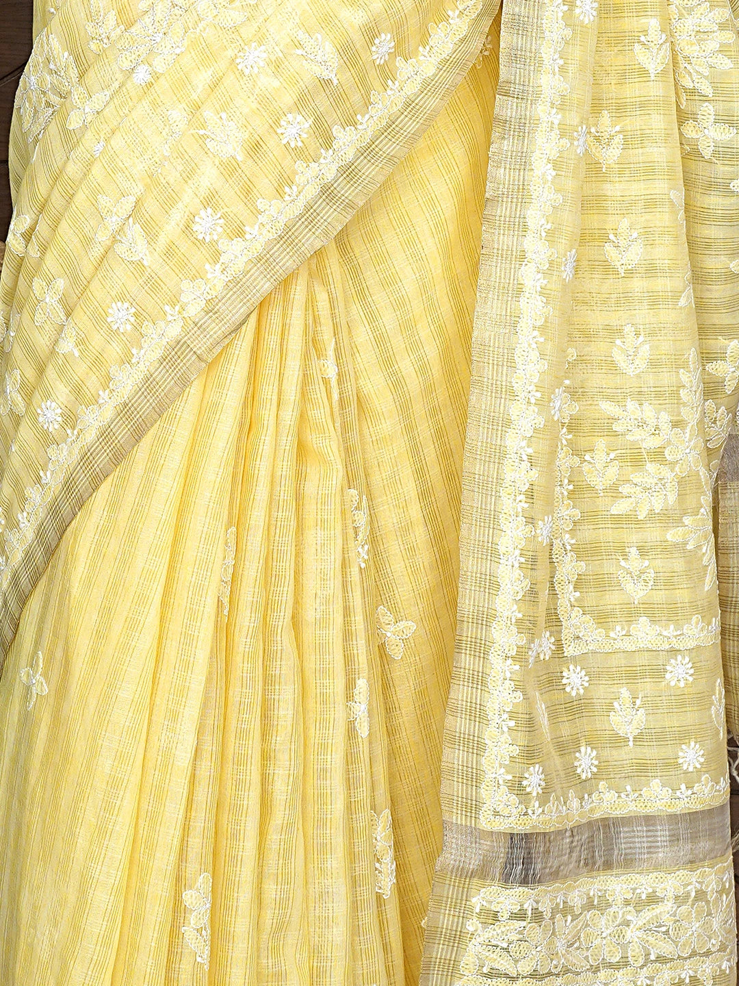 Ada Hand Embroidered Light Yellow Chanderi Lucknowi Chikankari Saree With Blouse 01A879439