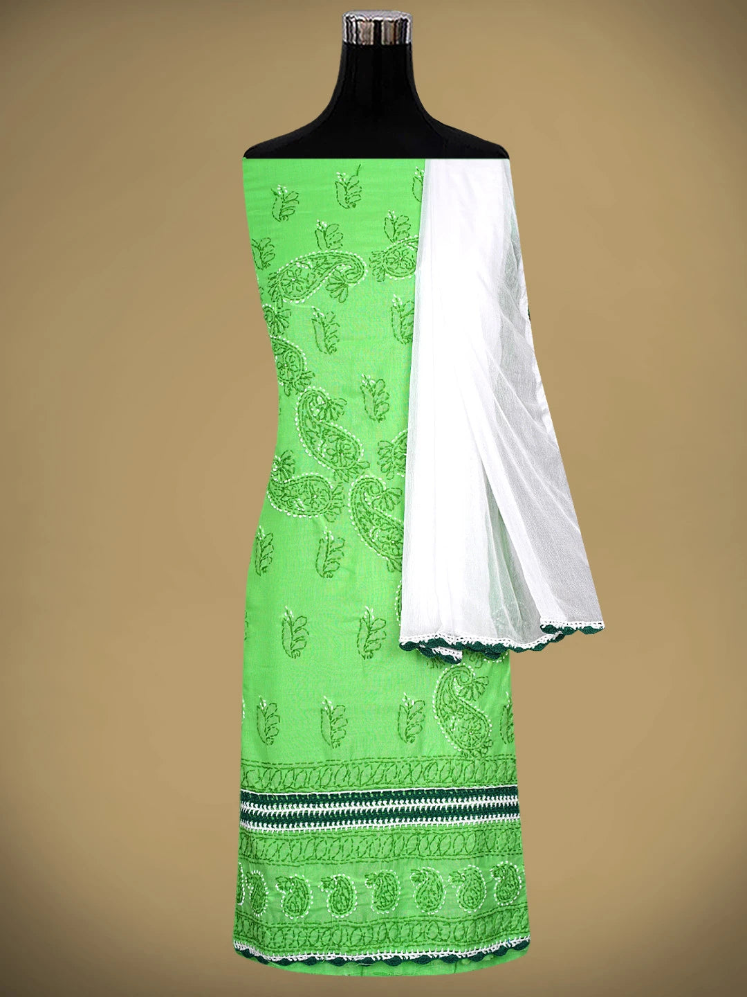 Ada Hand Embroidered Forest Green Cotton Lucknowi Chikankari Unstitched Suit Piece 01A853001