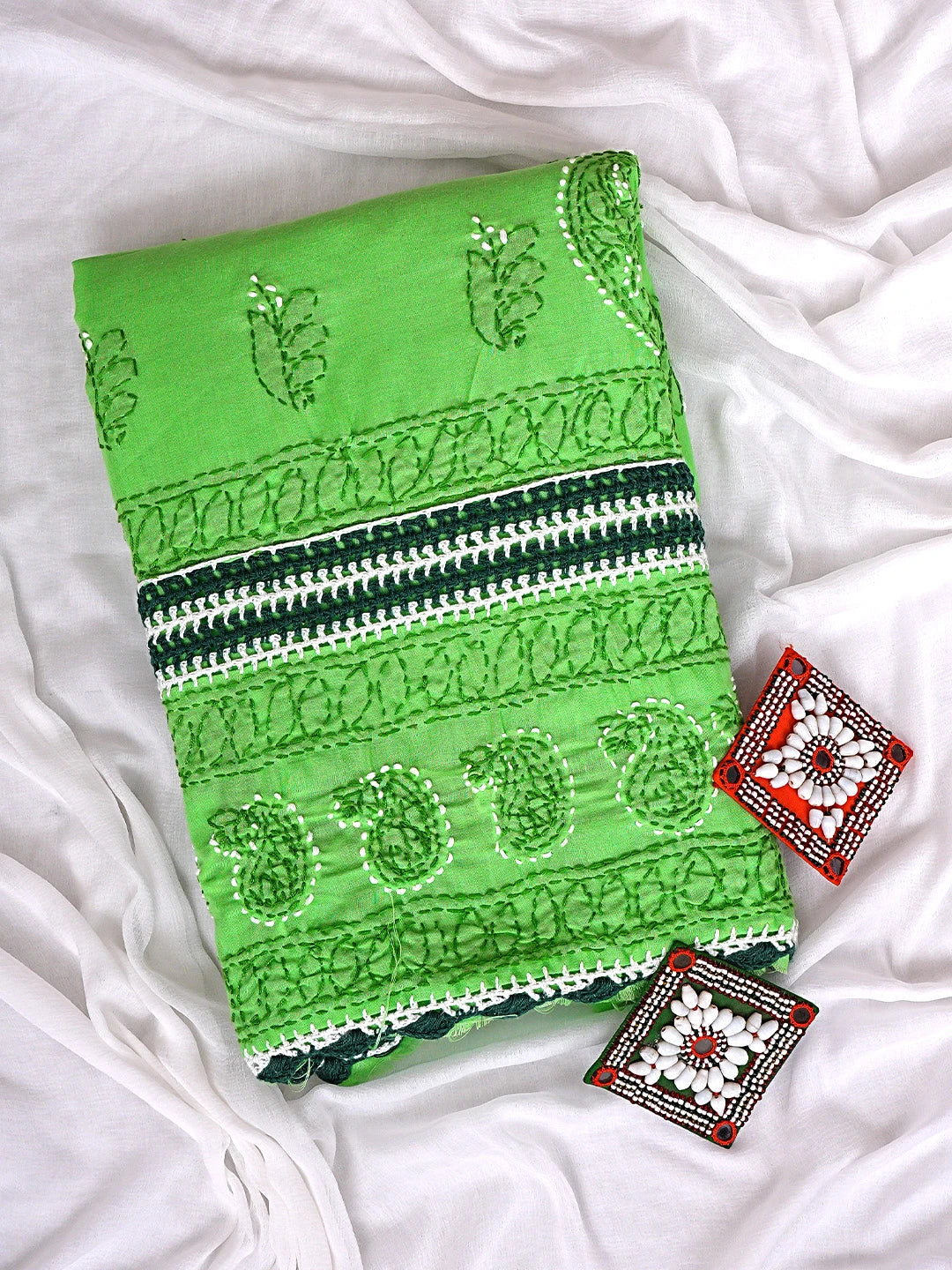 Ada Hand Embroidered Forest Green Cotton Lucknowi Chikankari Unstitched Suit Piece 01A853001