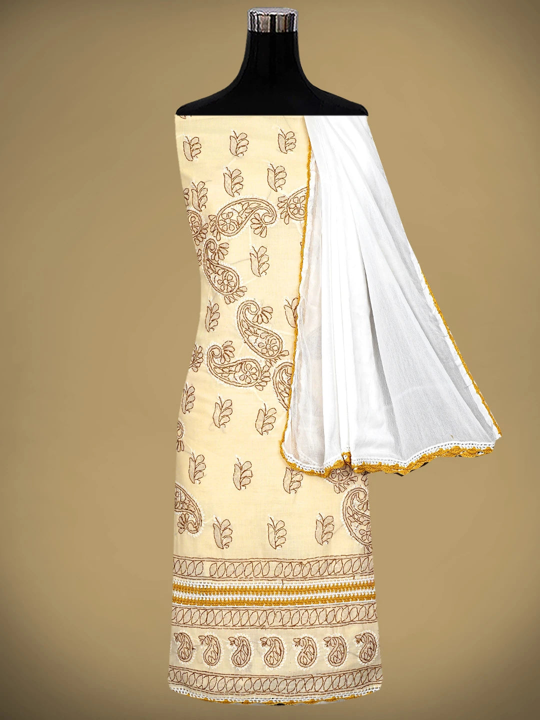 Ada Hand Embroidered Fawn Cotton Lucknowi Chikankari Unstitched Suit Piece 01A919776