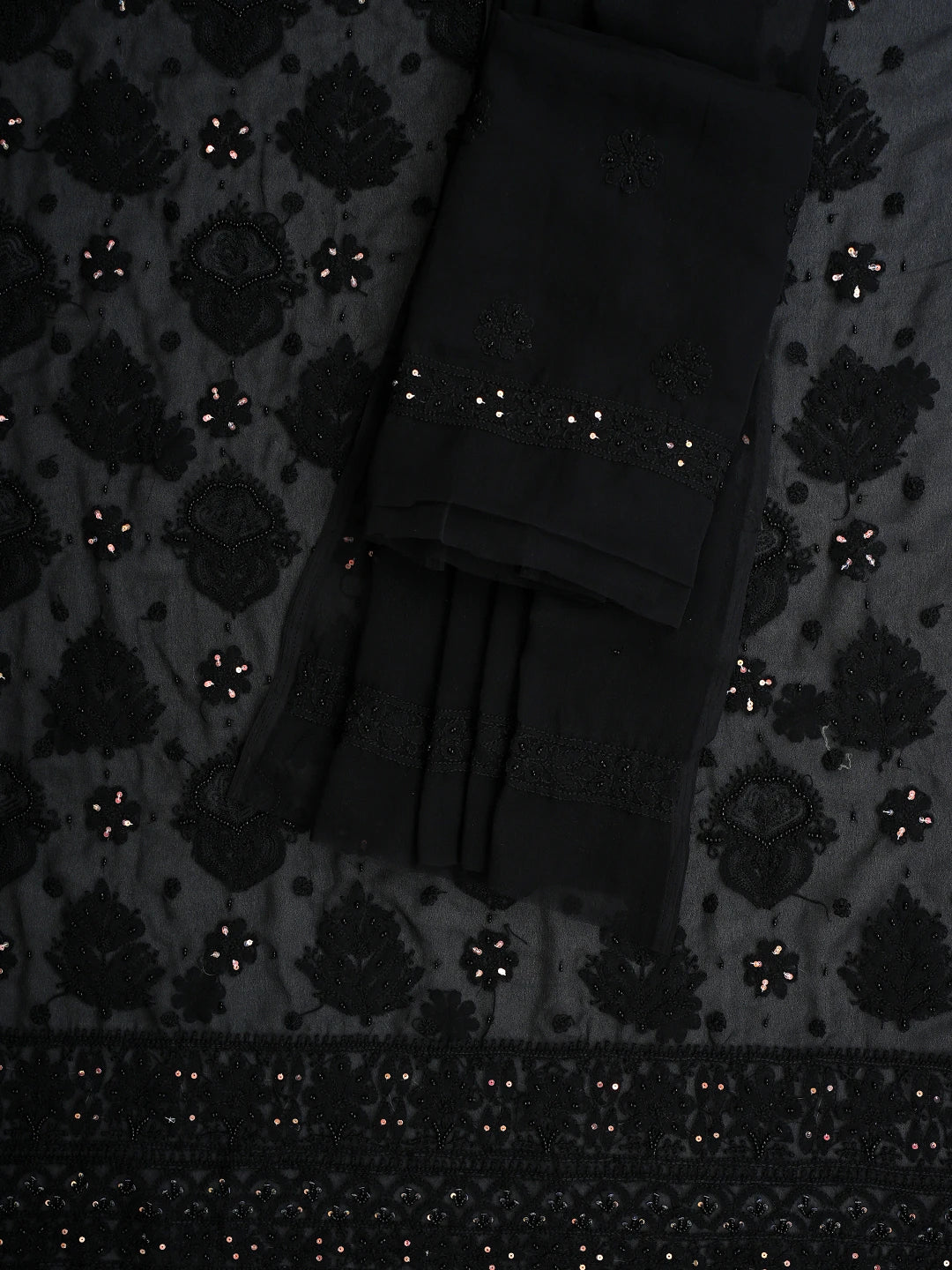Ada Hand Embroidered Black Georgette Lucknowi Chikankari Unstitched Suit Piece With Pearl Work 01A919739