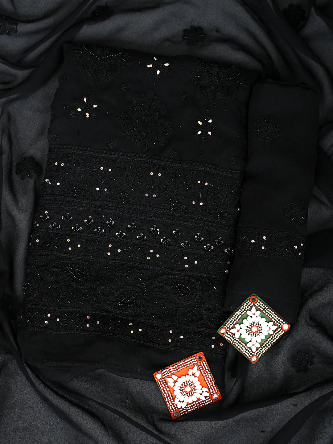 Ada Hand Embroidered Black Georgette Lucknowi Chikankari Unstitched Suit Piece With Pearl Work 01A919739