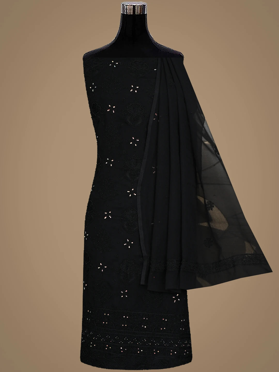 Ada Hand Embroidered Black Georgette Lucknowi Chikankari Unstitched Suit Piece With Pearl Work 01A919739