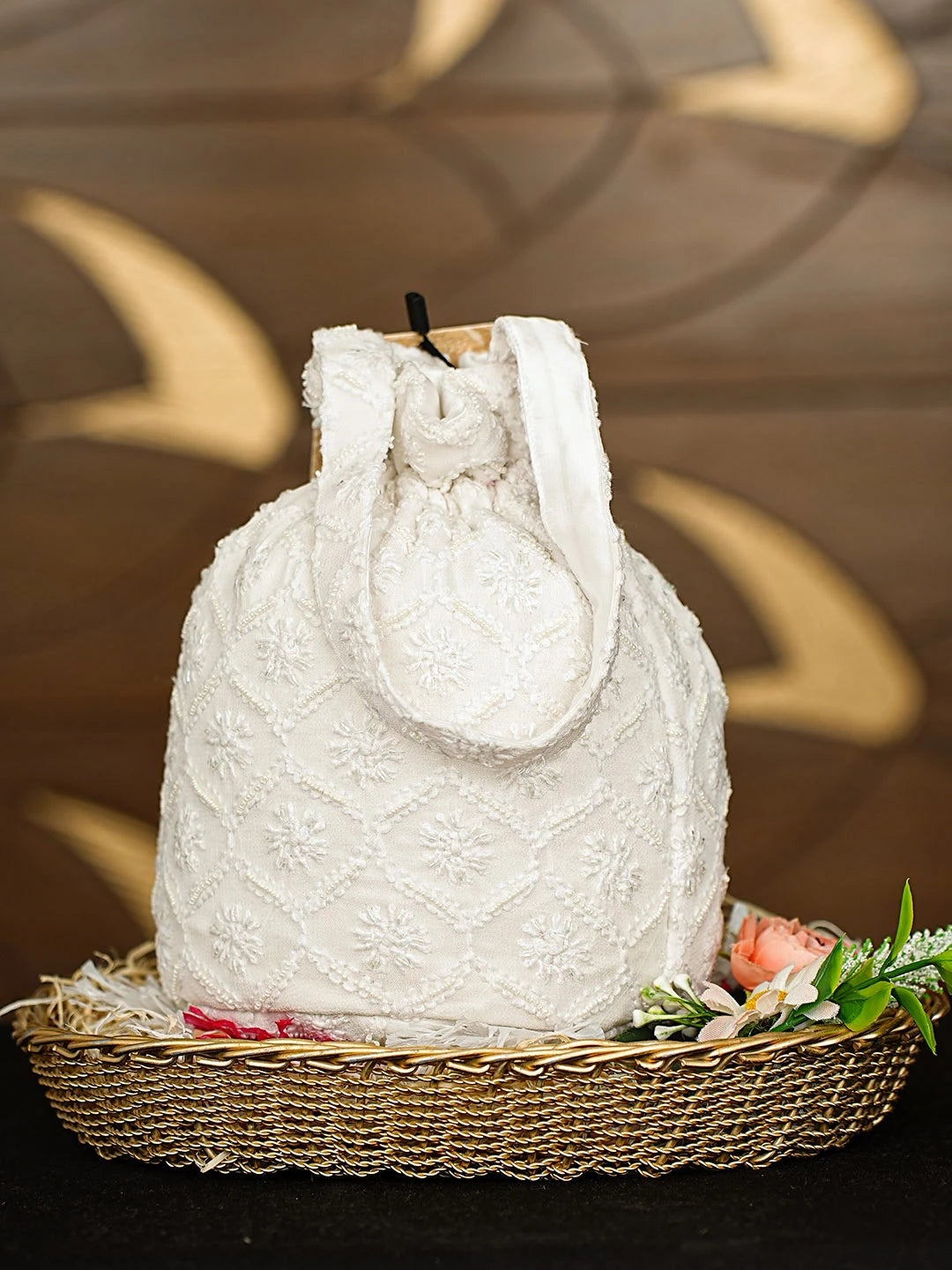 Ada Hand Embroidered White Viscose Georgette Lucknowi Chikankari Potli Bag With Cutdana Work 01A912808