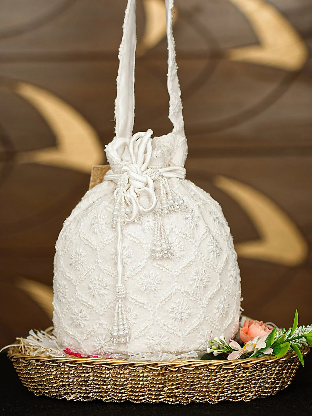 Ada Hand Embroidered White Viscose Georgette Lucknowi Chikankari Potli Bag With Cutdana Work 01A912808