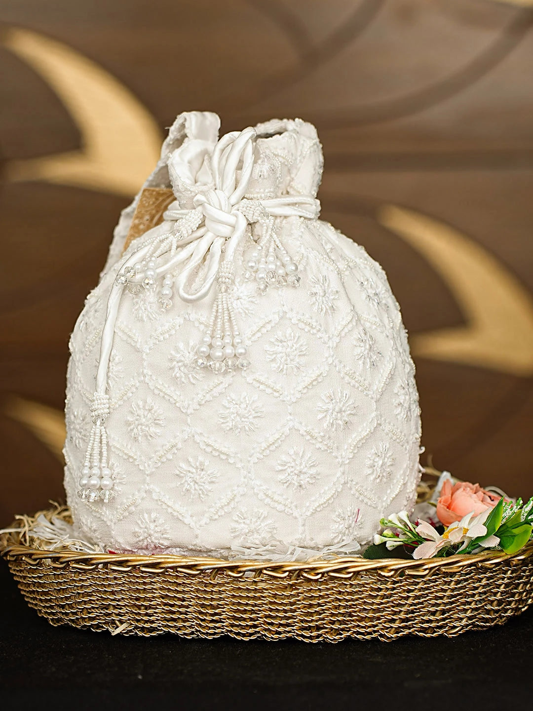 Ada Hand Embroidered White Viscose Georgette Lucknowi Chikankari Potli Bag With Cutdana Work 01A912808