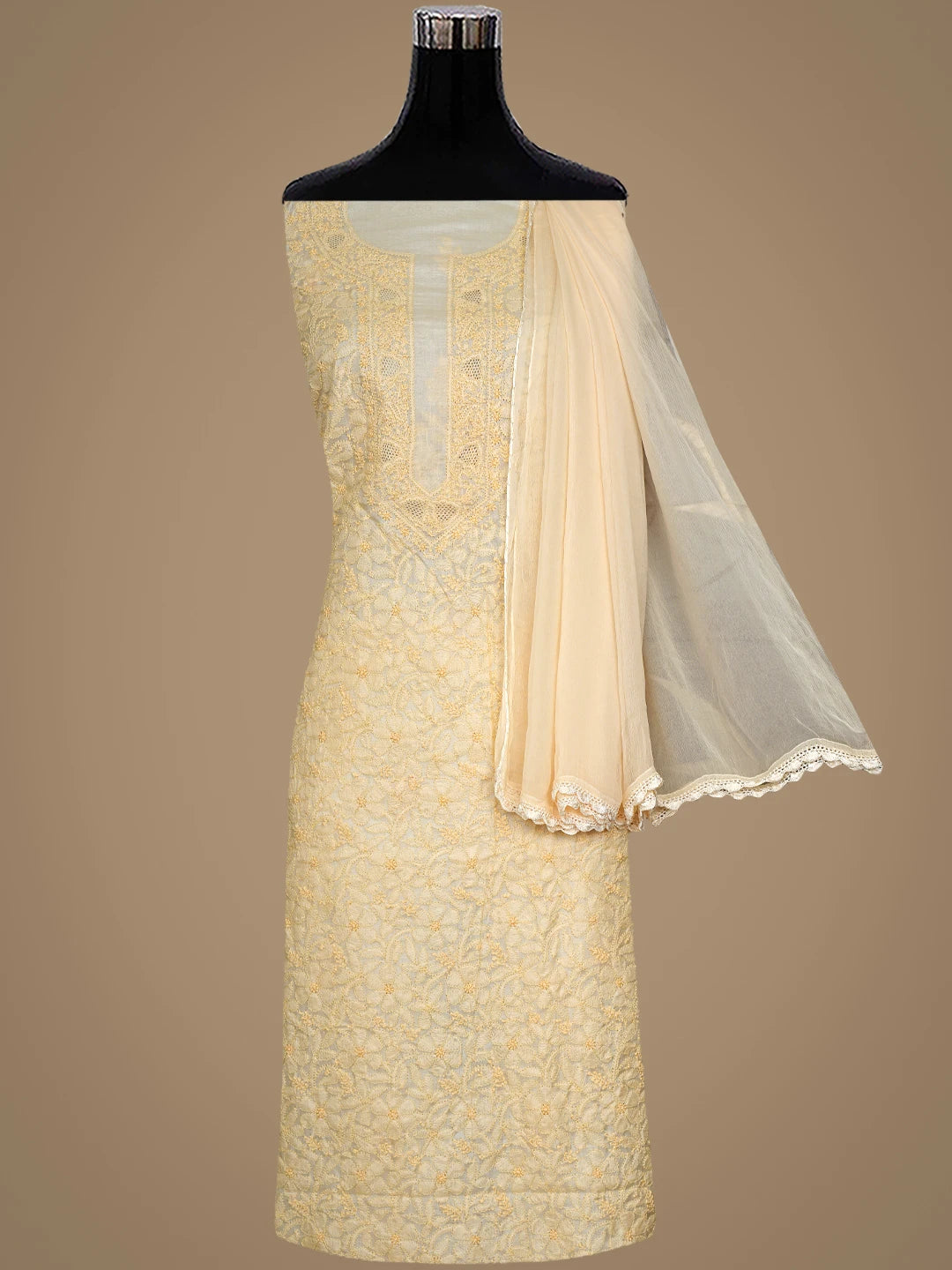 Ada Hand Embroidered Cream Silk Lucknowi Chikankari Unstitched Suit Piece With Chiffon Dupatta 01A908070