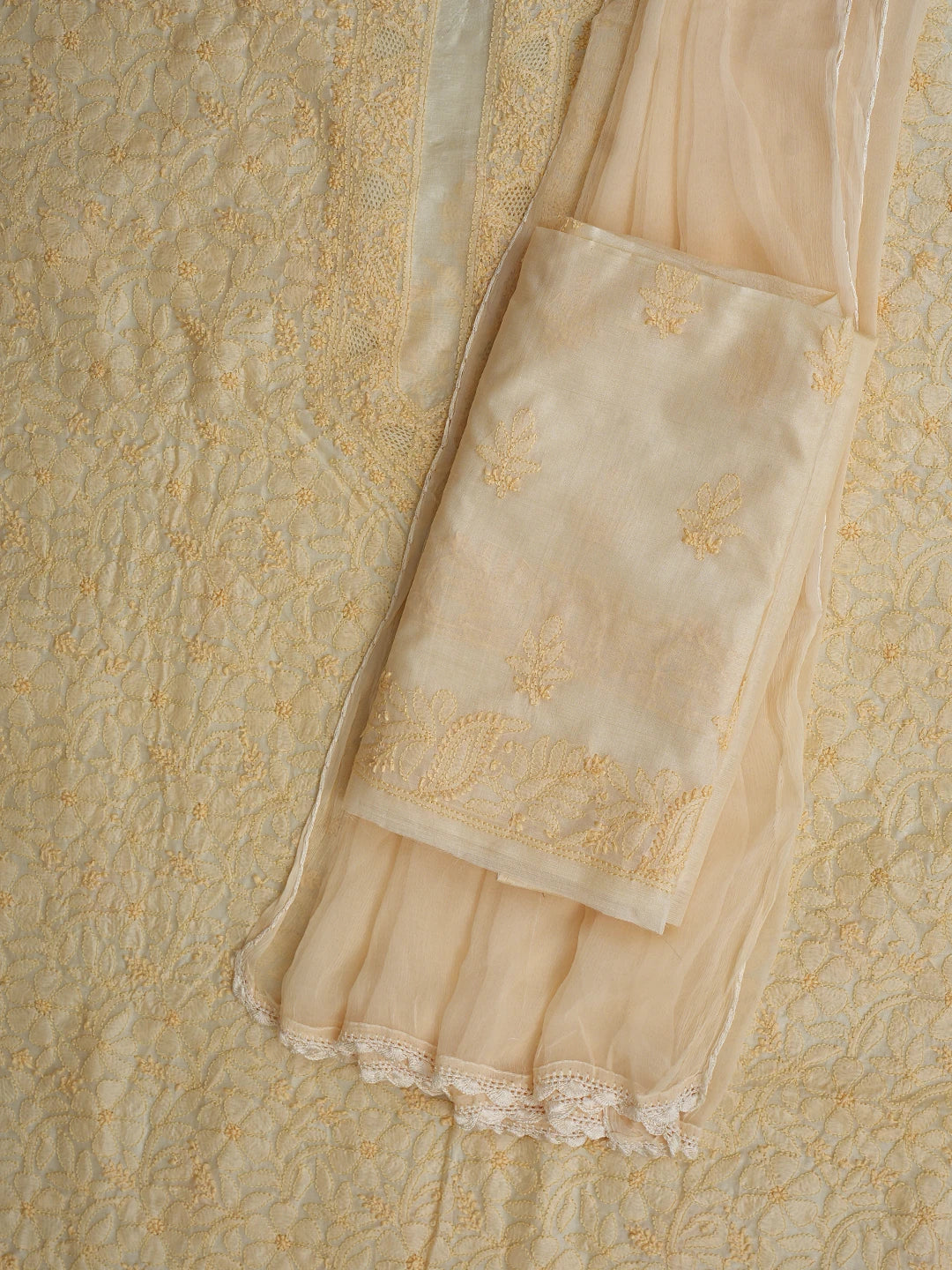 Ada Hand Embroidered Cream Silk Lucknowi Chikankari Unstitched Suit Piece With Chiffon Dupatta 01A908070