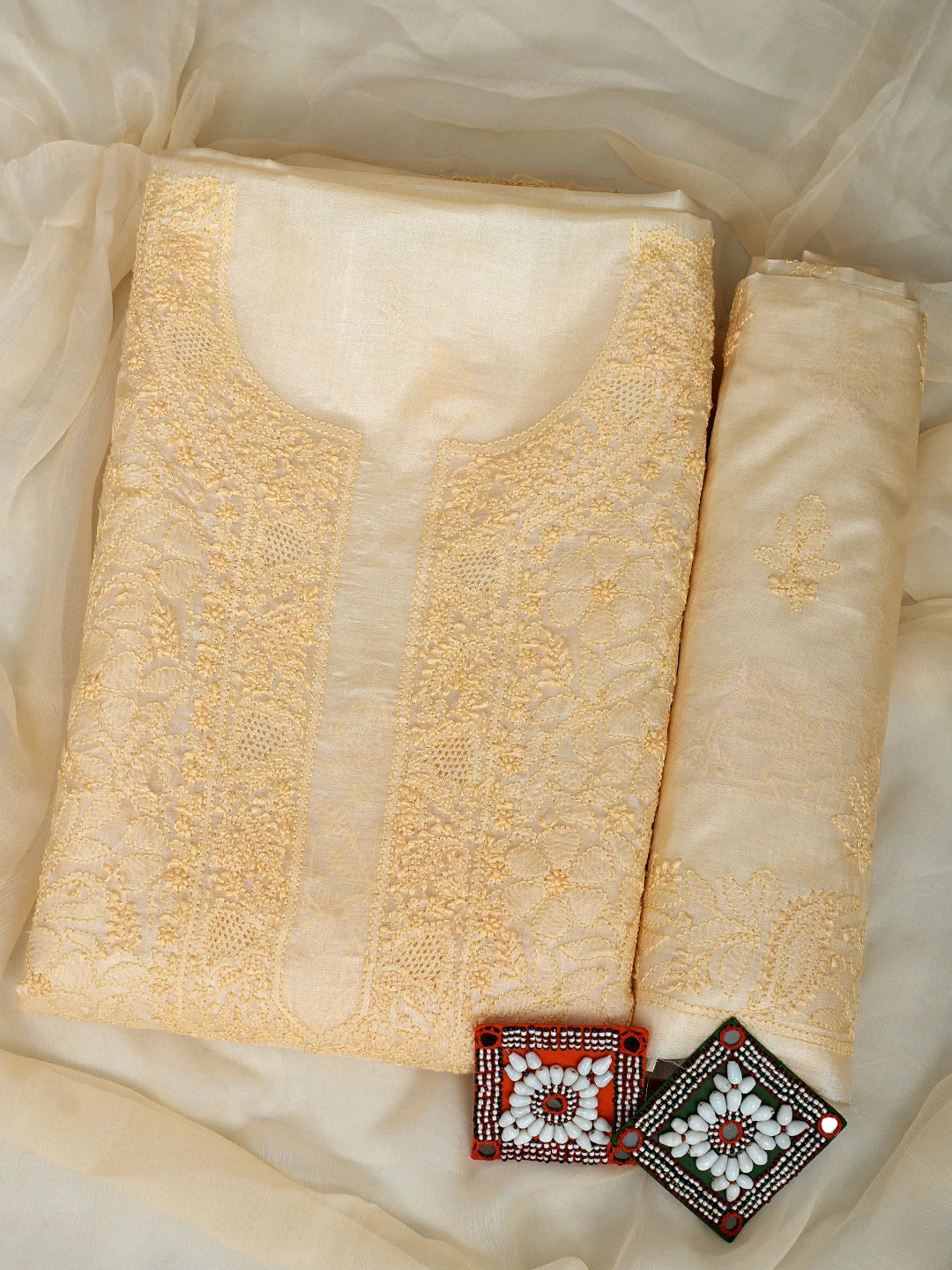 Ada Hand Embroidered Cream Silk Lucknowi Chikankari Unstitched Suit Piece With Chiffon Dupatta 01A908070