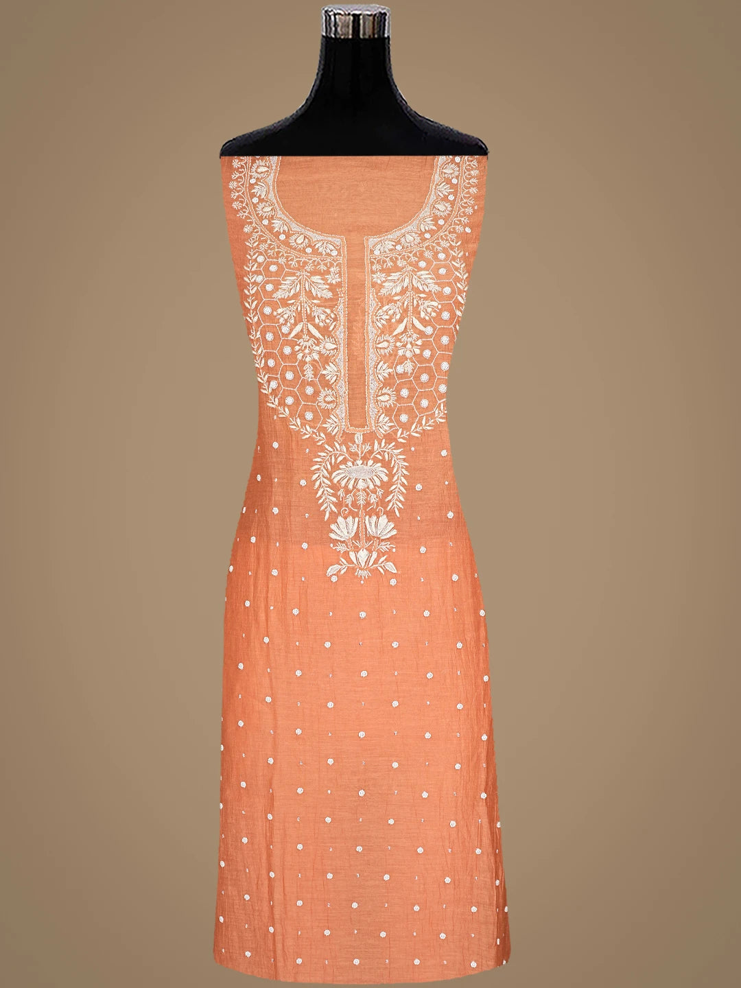 Ada Hand Embroidered Dusty Peach Chanderi Lucknowi Chikankari Semi-stitched Kurta Dupatta Set with Pearl Work 01A896293