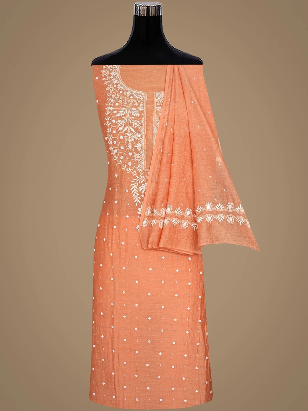 Ada Hand Embroidered Dusty Peach Chanderi Lucknowi Chikankari Semi-stitched Kurta Dupatta Set with Pearl Work 01A896293