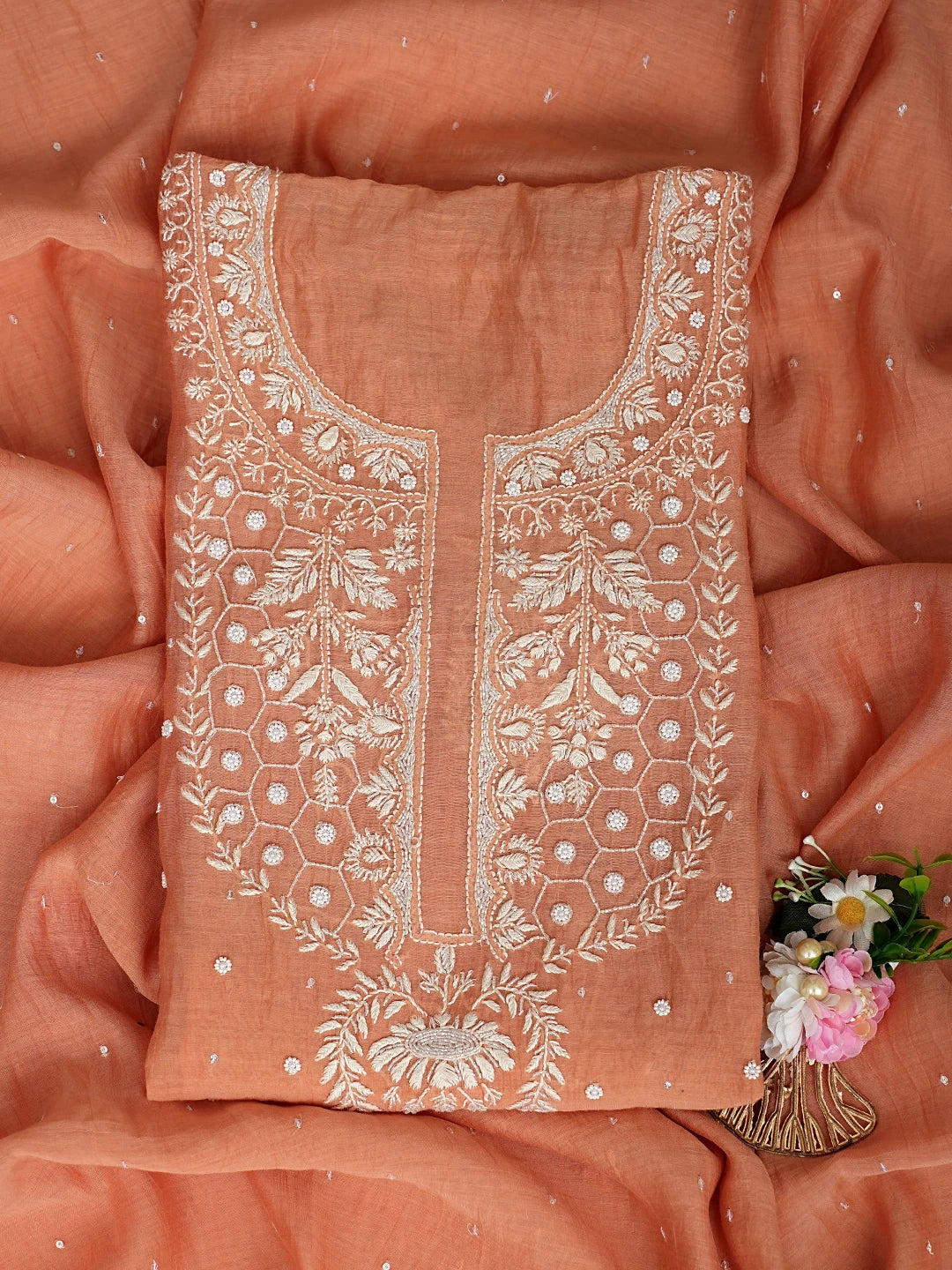 Ada Hand Embroidered Dusty Peach Chanderi Lucknowi Chikankari Semi-stitched Kurta Dupatta Set with Pearl Work 01A896293