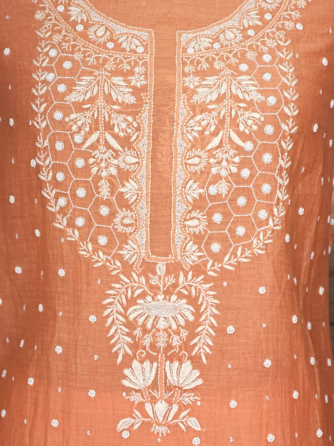 Ada Hand Embroidered Dusty Peach Chanderi Lucknowi Chikankari Semi-stitched Kurta Dupatta Set with Pearl Work 01A896293