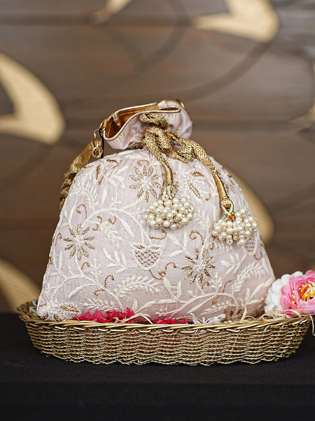 Ada Hand Embroidered Light Pink Silk Lucknowi Chikankari Potli Bag With Zari Work 01A921465