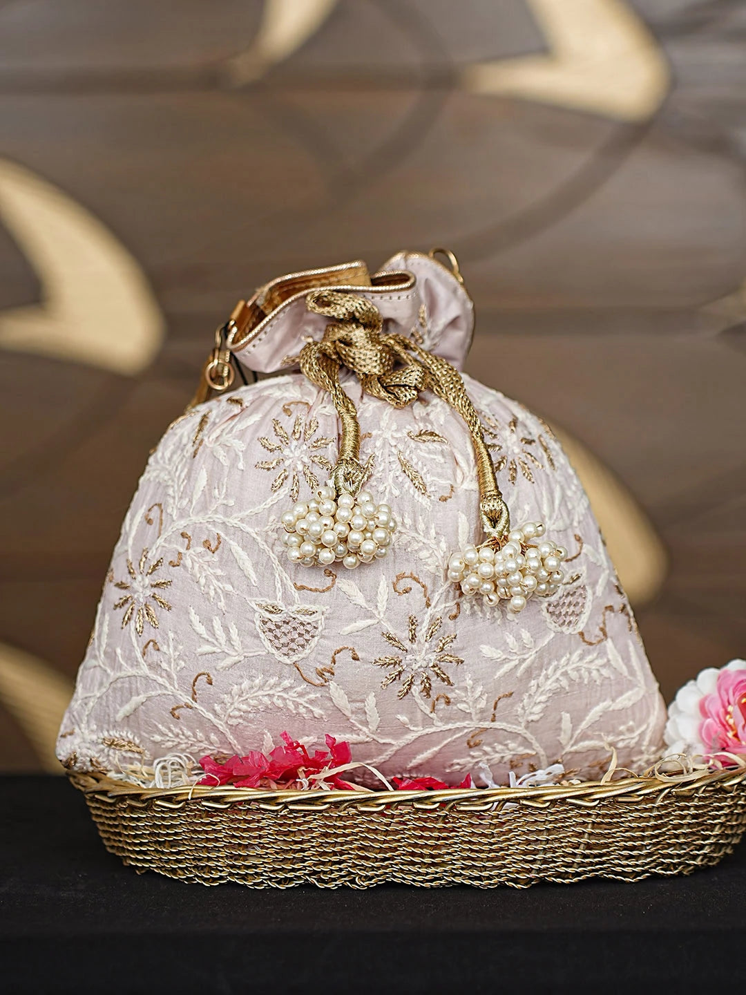 Ada Hand Embroidered Light Pink Silk Lucknowi Chikankari Potli Bag With Zari Work 01A921465