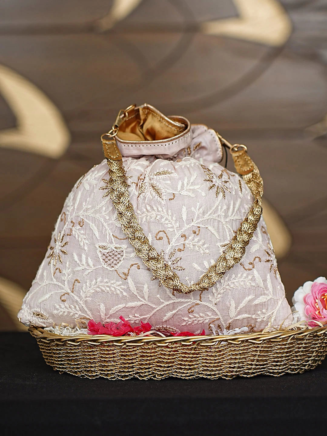Ada Hand Embroidered Light Pink Silk Lucknowi Chikankari Potli Bag With Zari Work 01A921465