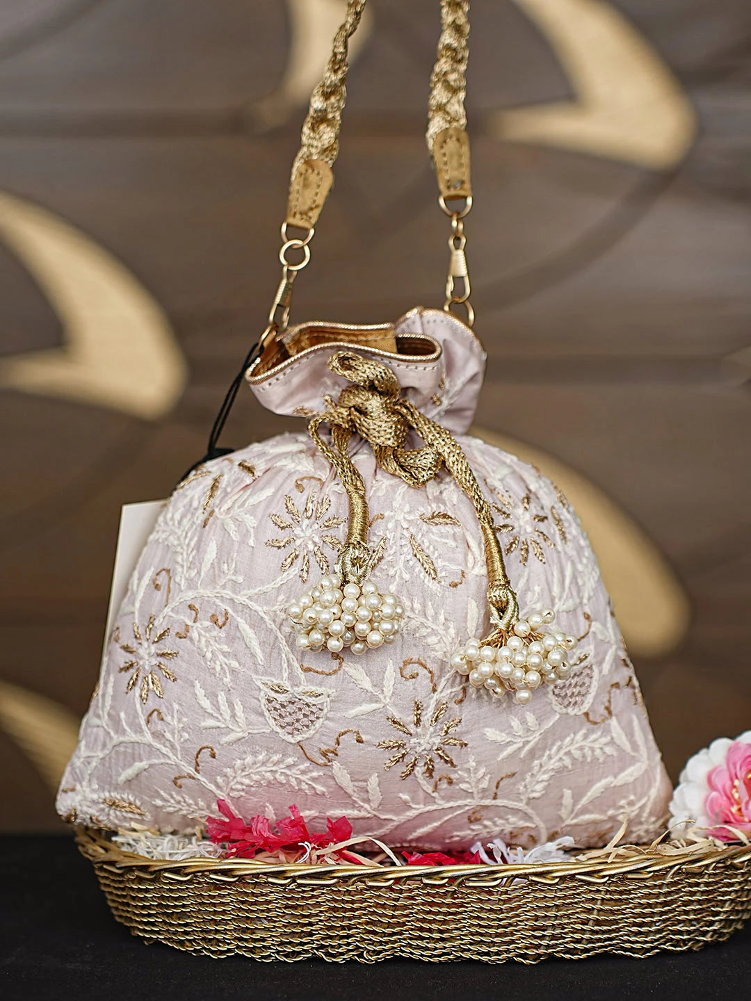 Ada Hand Embroidered Light Pink Silk Lucknowi Chikankari Potli Bag With Zari Work 01A921465