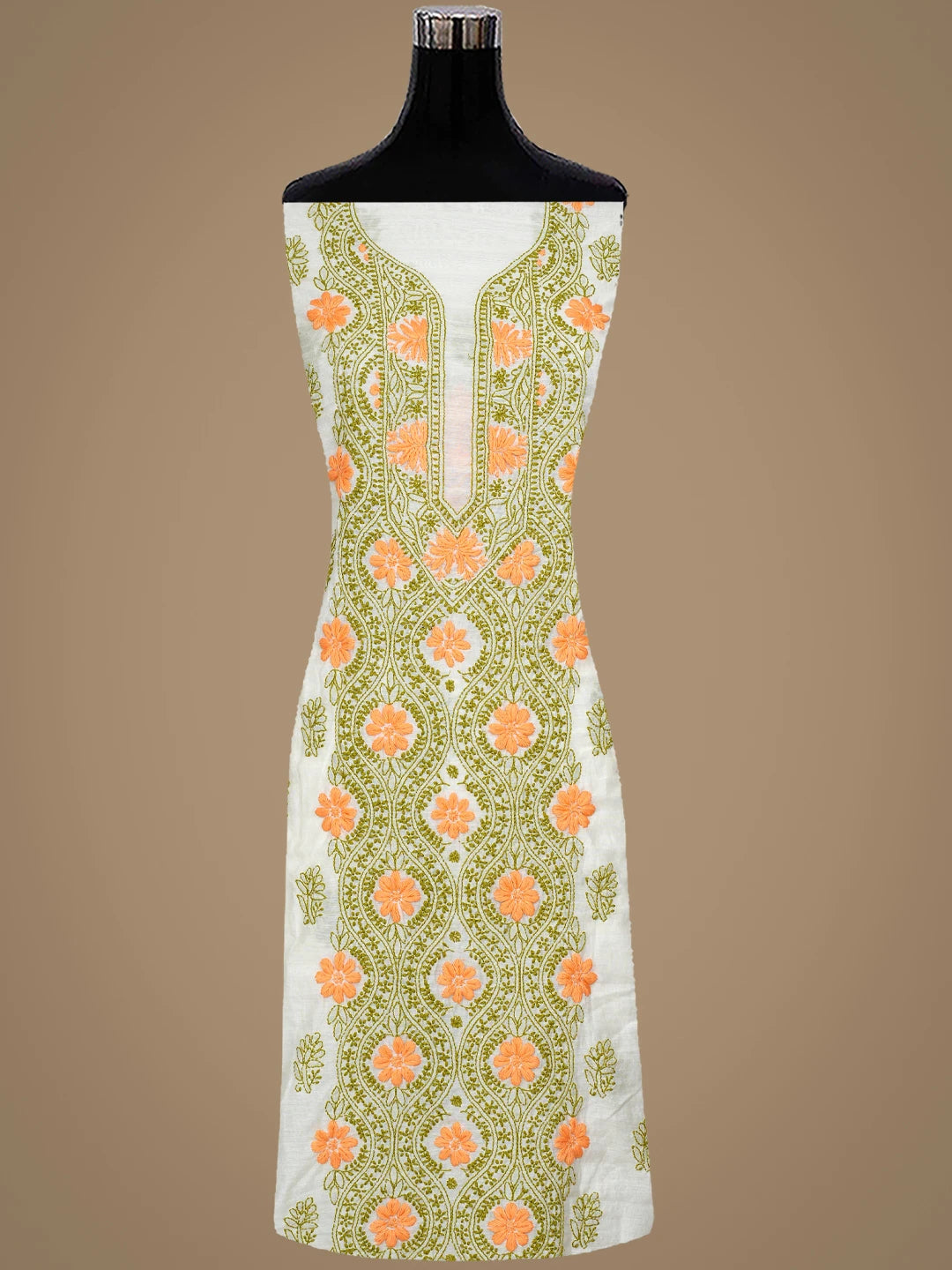 Ada Hand Embroidered White Chanderi Lucknowi Chikankari Unstitched Kurta Dupatta Set 01A897640