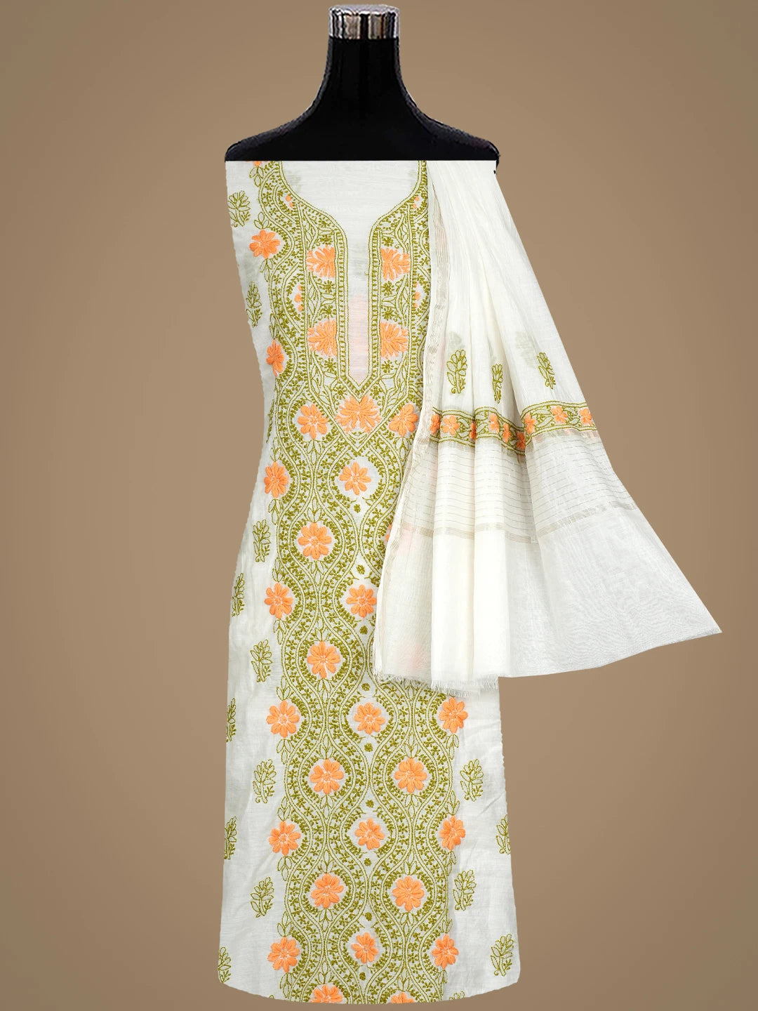 Ada Hand Embroidered White Chanderi Lucknowi Chikankari Unstitched Kurta Dupatta Set 01A897640