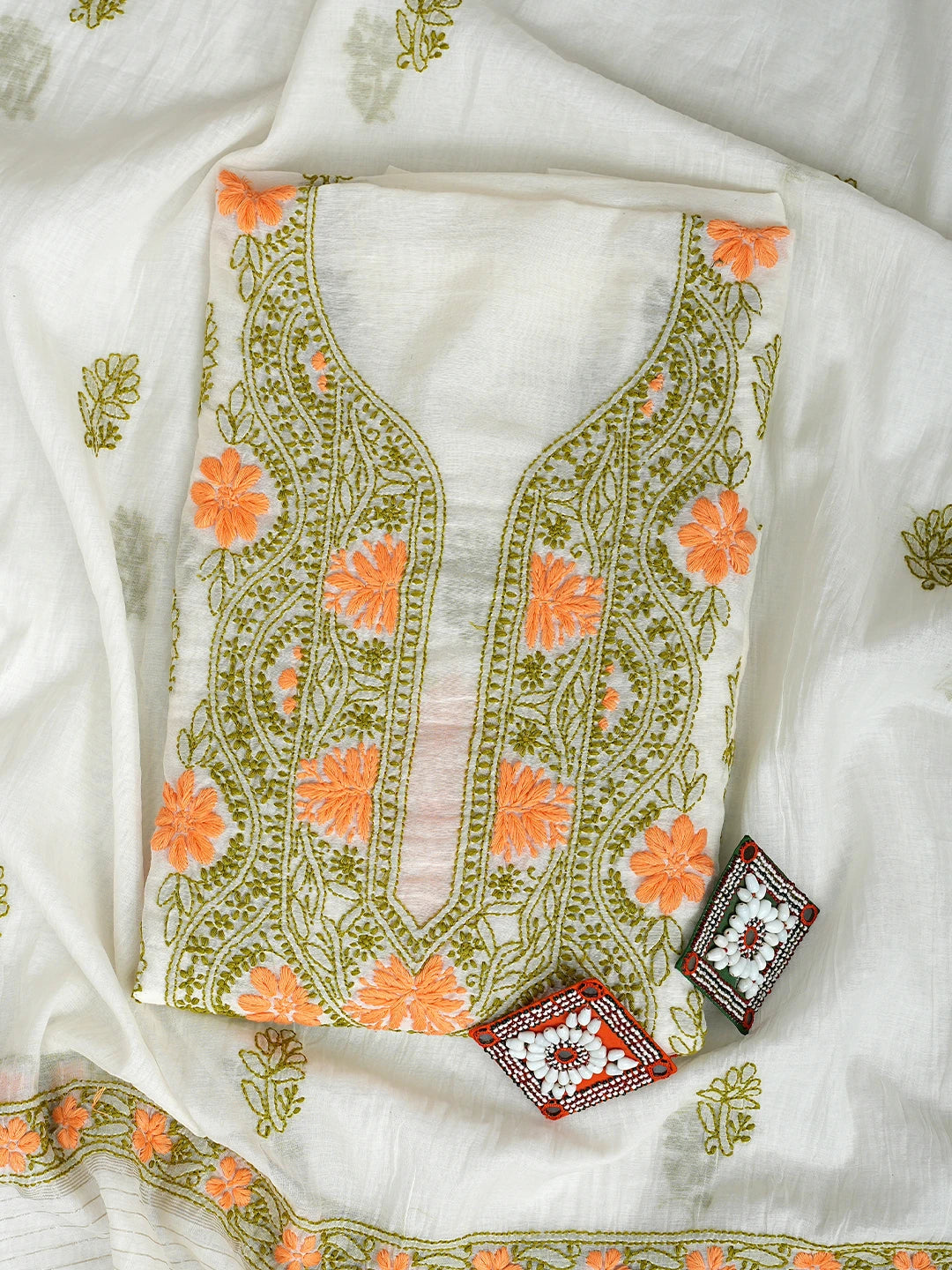 Ada Hand Embroidered White Chanderi Lucknowi Chikankari Unstitched Kurta Dupatta Set 01A897640