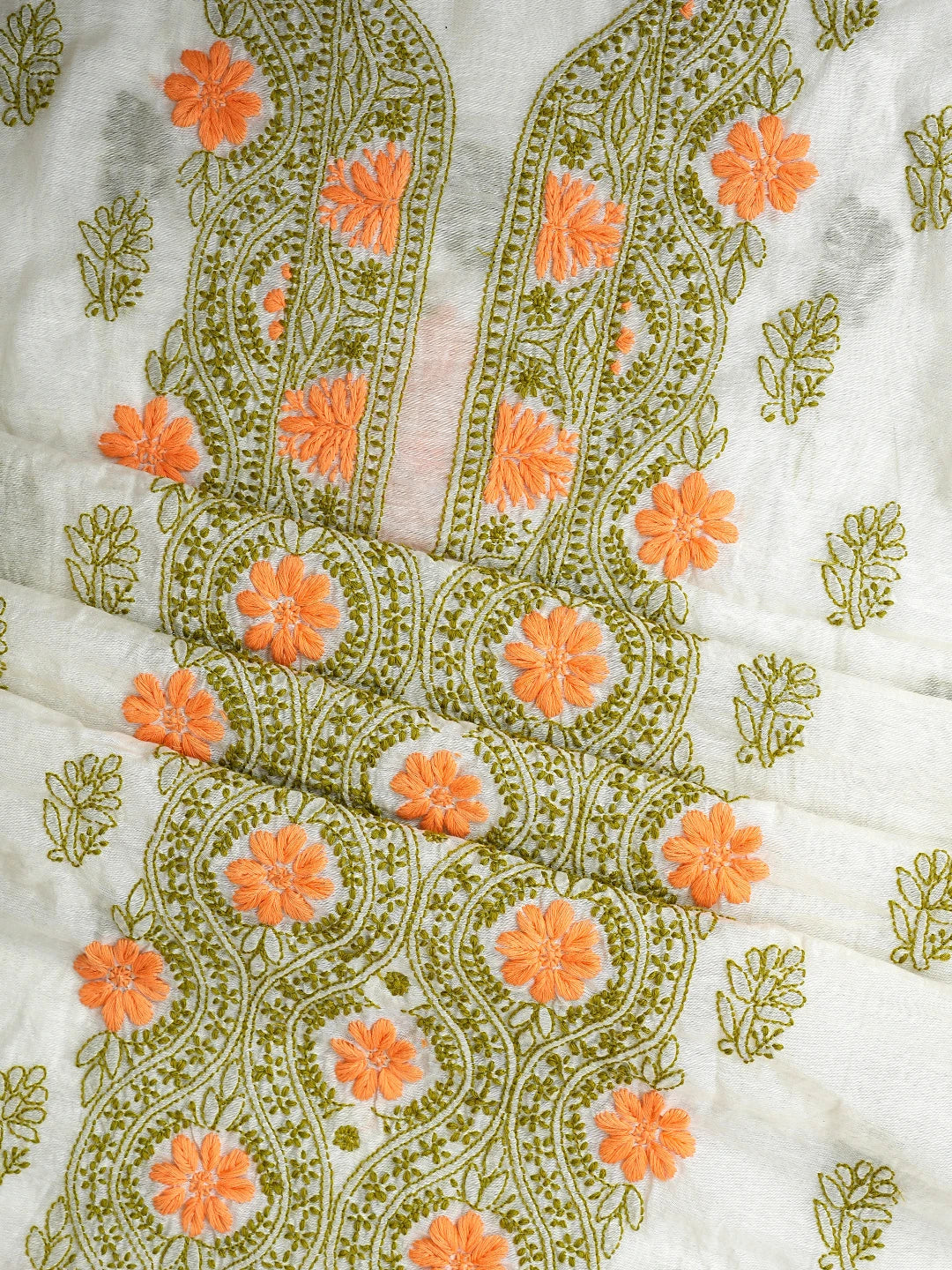 Ada Hand Embroidered White Chanderi Lucknowi Chikankari Unstitched Kurta Dupatta Set 01A897640