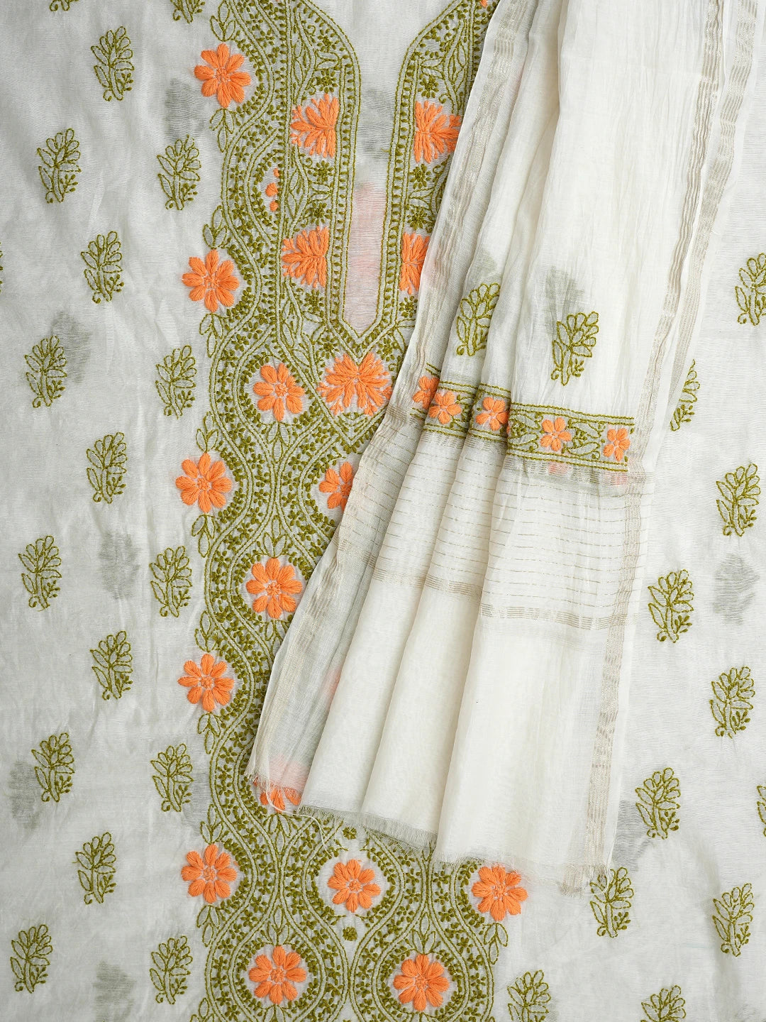 Ada Hand Embroidered White Chanderi Lucknowi Chikankari Unstitched Kurta Dupatta Set 01A897640