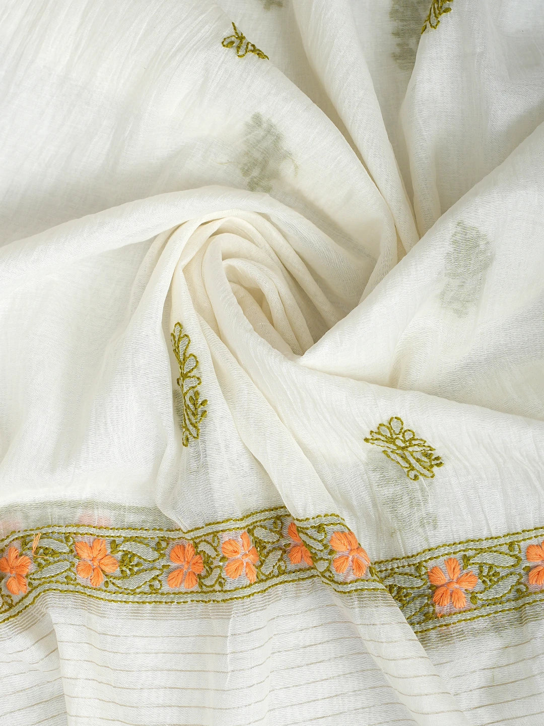 Ada Hand Embroidered White Chanderi Lucknowi Chikankari Unstitched Kurta Dupatta Set 01A897640