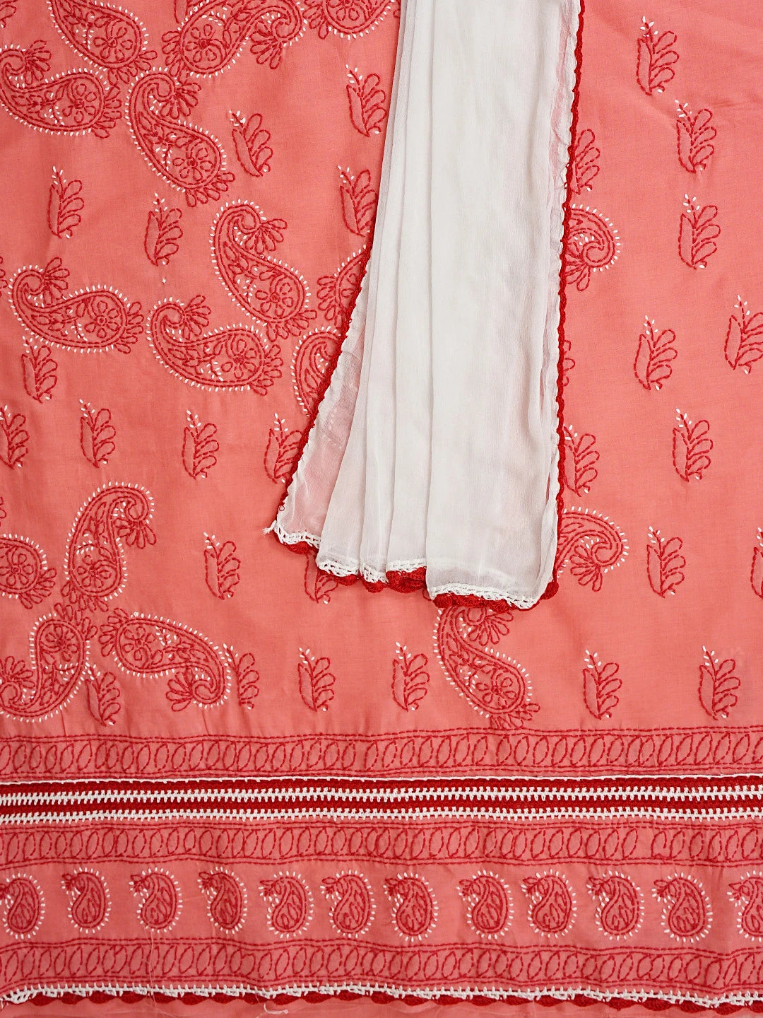 Ada Hand Embroidered Carrot Pink Cotton Lucknowi Chikankari Unstitched Suit Piece 01A919770