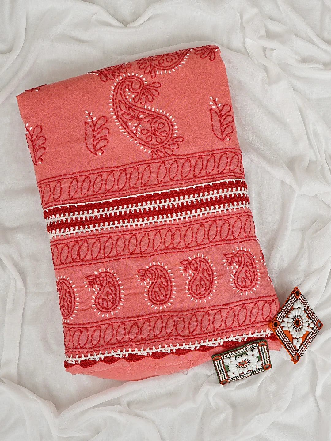 Ada Hand Embroidered Carrot Pink Cotton Lucknowi Chikankari Unstitched Suit Piece 01A919770