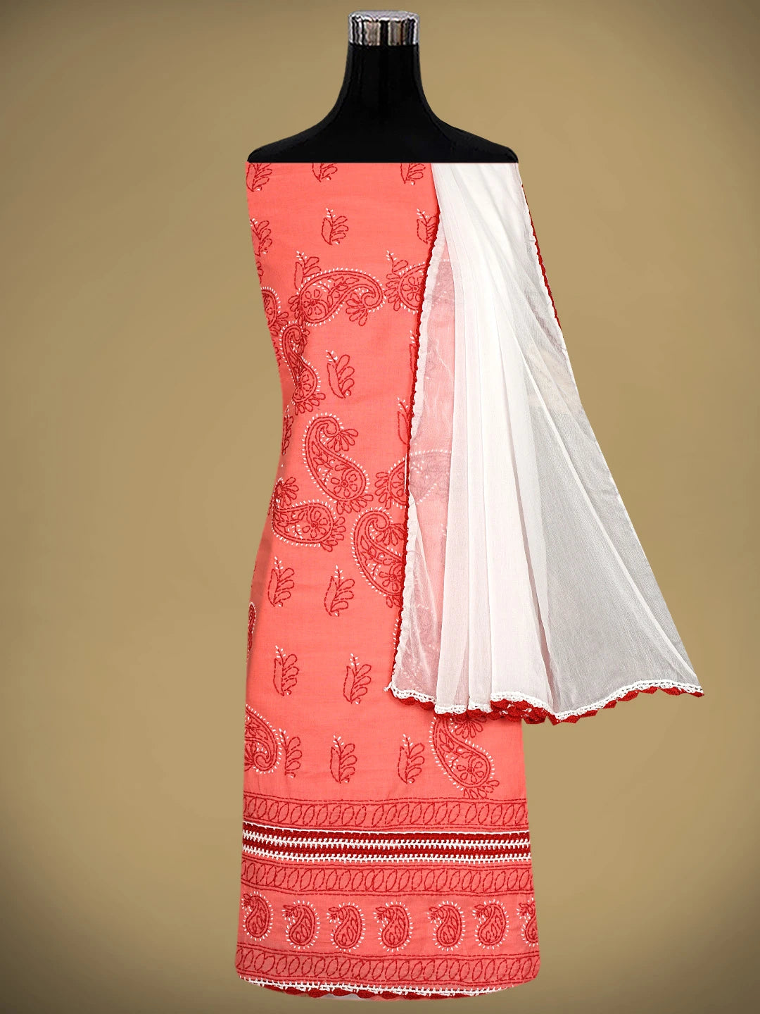 Ada Hand Embroidered Carrot Pink Cotton Lucknowi Chikankari Unstitched Suit Piece 01A919770