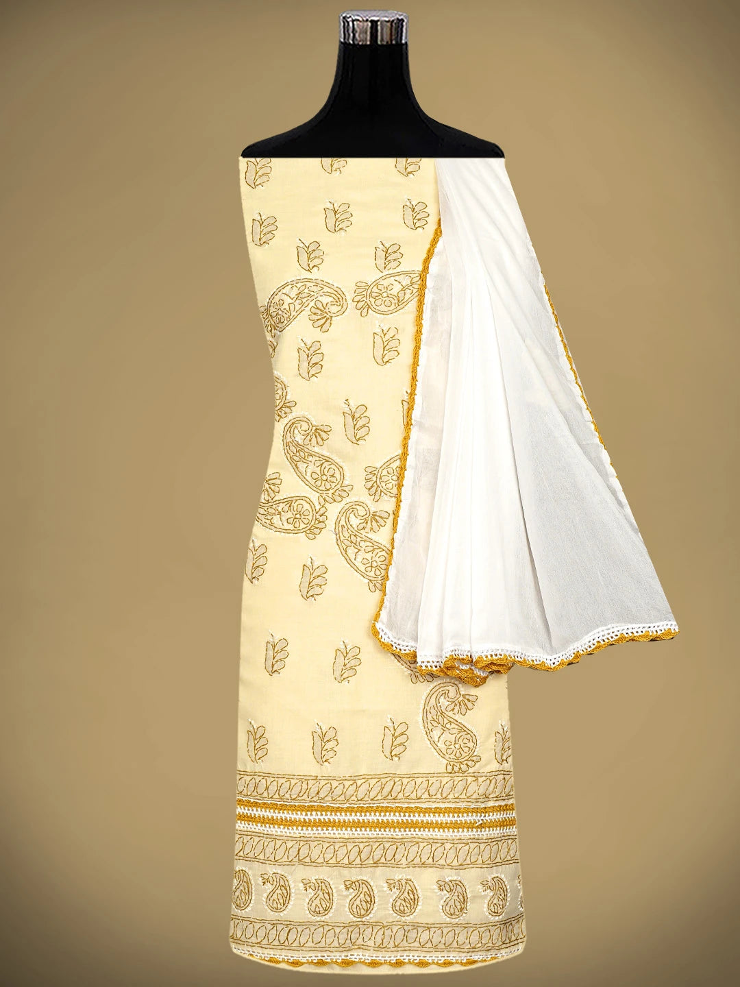 Ada Hand Embroidered Fawn Cotton Lucknowi Chikankari Unstitched Suit Piece 01A919775