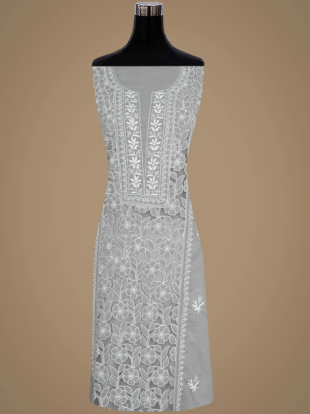 Ada Hand Embroidered Grey Cotton And Net Lucknowi Chikankari Semi-Stitched Kurta Dupatta Set 01A873491