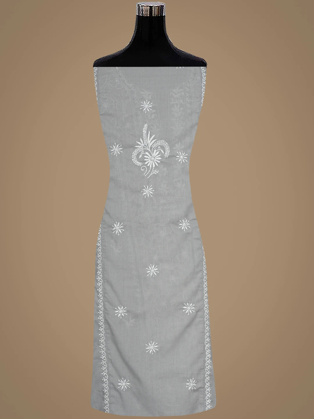 Ada Hand Embroidered Grey Cotton And Net Lucknowi Chikankari Semi-Stitched Kurta Dupatta Set 01A873491