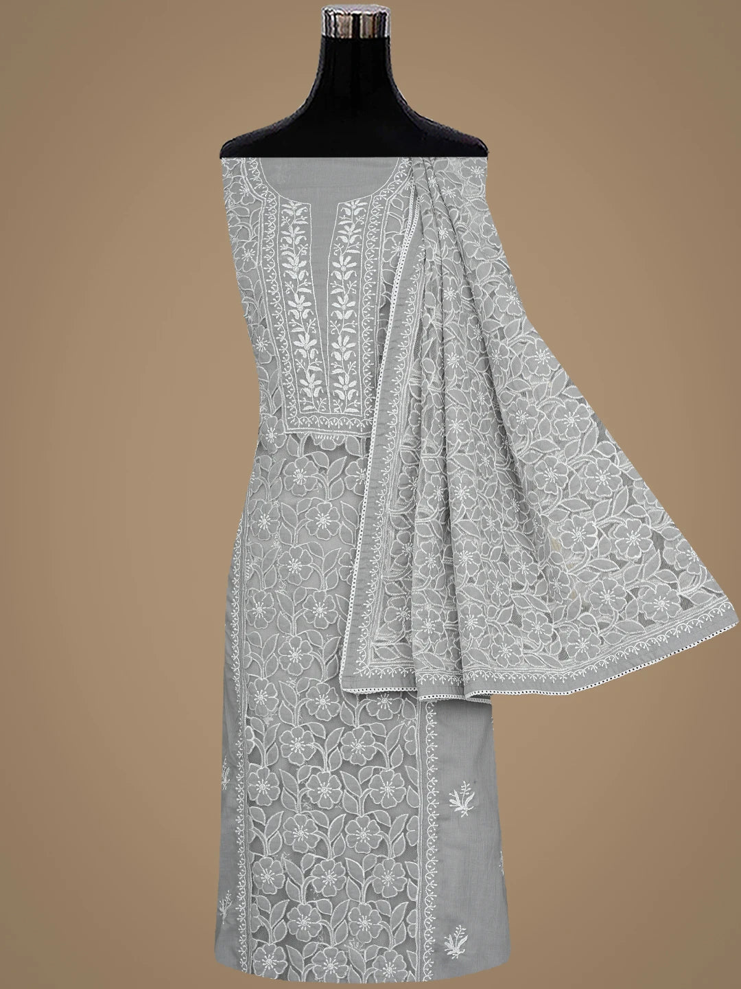Ada Hand Embroidered Grey Cotton And Net Lucknowi Chikankari Semi-Stitched Kurta Dupatta Set 01A873491